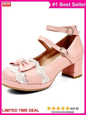 MEOTINA Women's Platform Mary Jane Heels Lace Bow Buckle Dress Pump